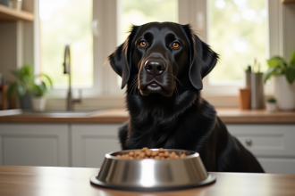 Chien noir assis attentivement dans une cuisine moderne lumineuse