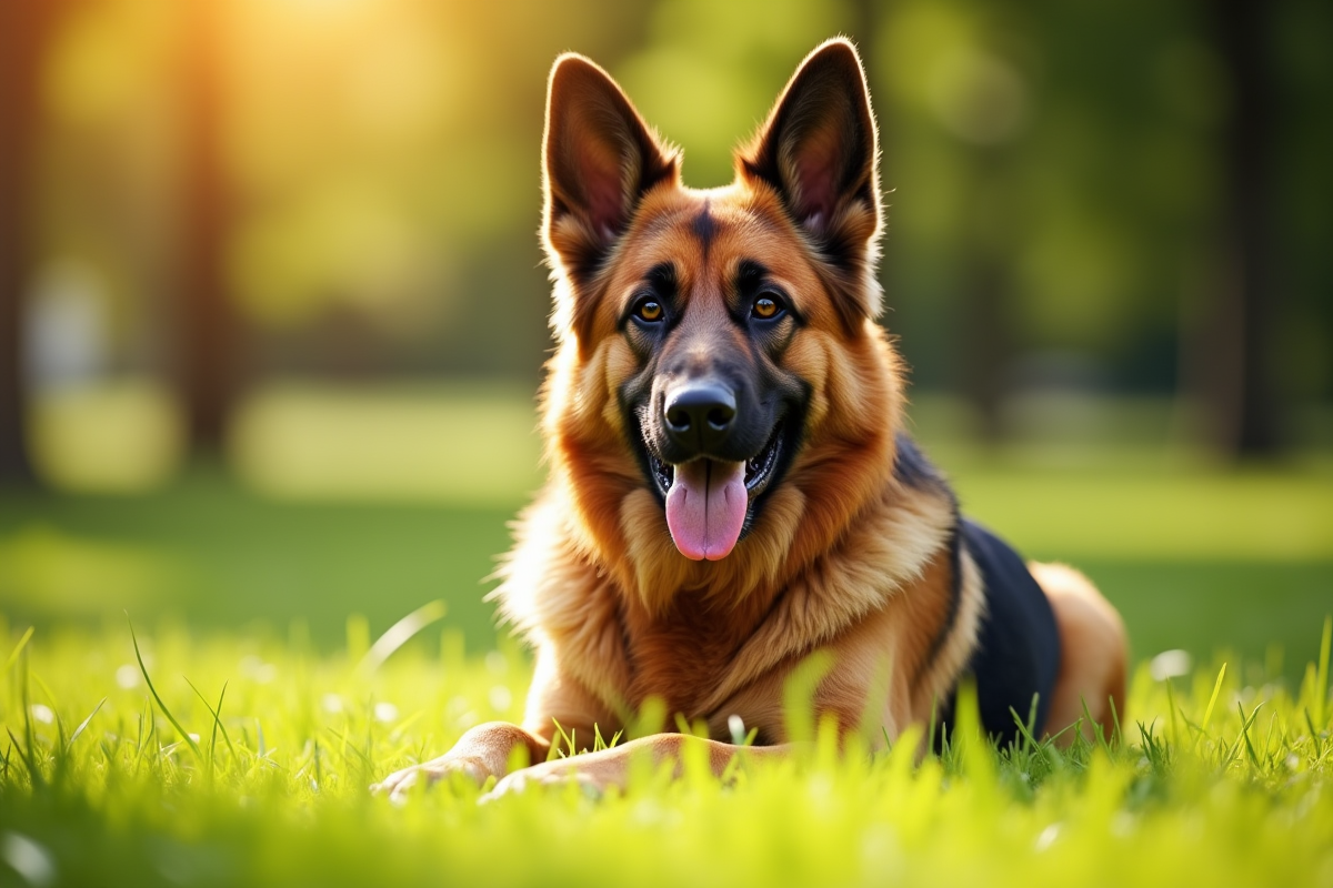 Chien senior berger allemand allongé dans un parc ensoleille
