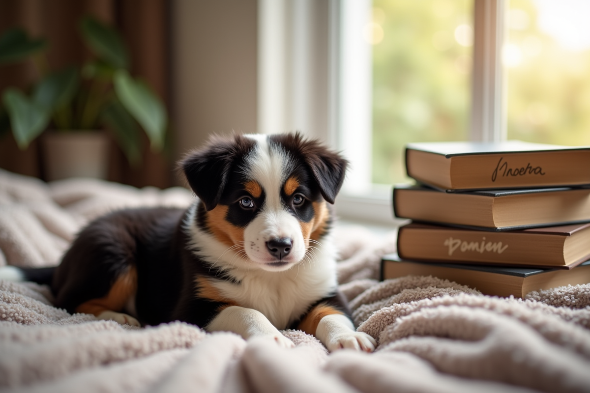 Chiot Australian Shepherd sur un plaid avec livres en interieur