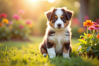 Chiot Australian Shepherd dans un jardin ensoleille