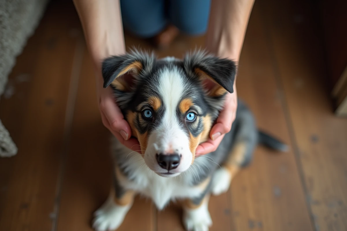Chiot Border Collie Bleu Merle avec motif marbré et yeux bleus caractéristiques de la race