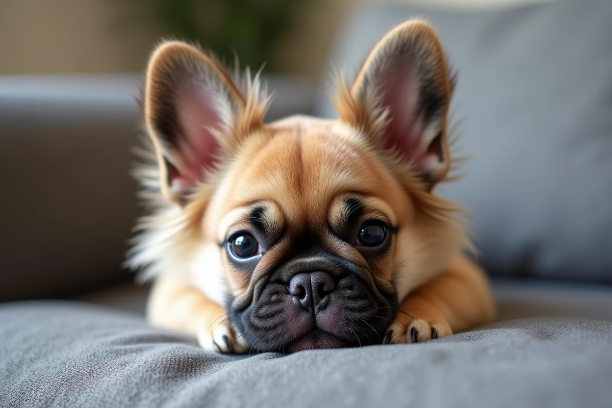 Chiot bouledogue français à poil long allongé sur un coussin en lin gris, montrant la fourrure plus longue autour des oreilles et du poitrail
