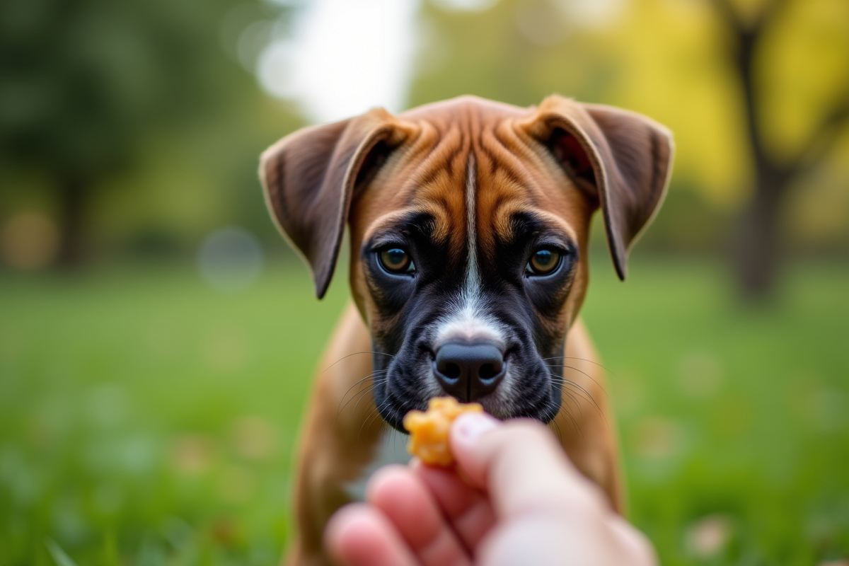 Chiot boxer curieux dans un parc vert avec un friandise