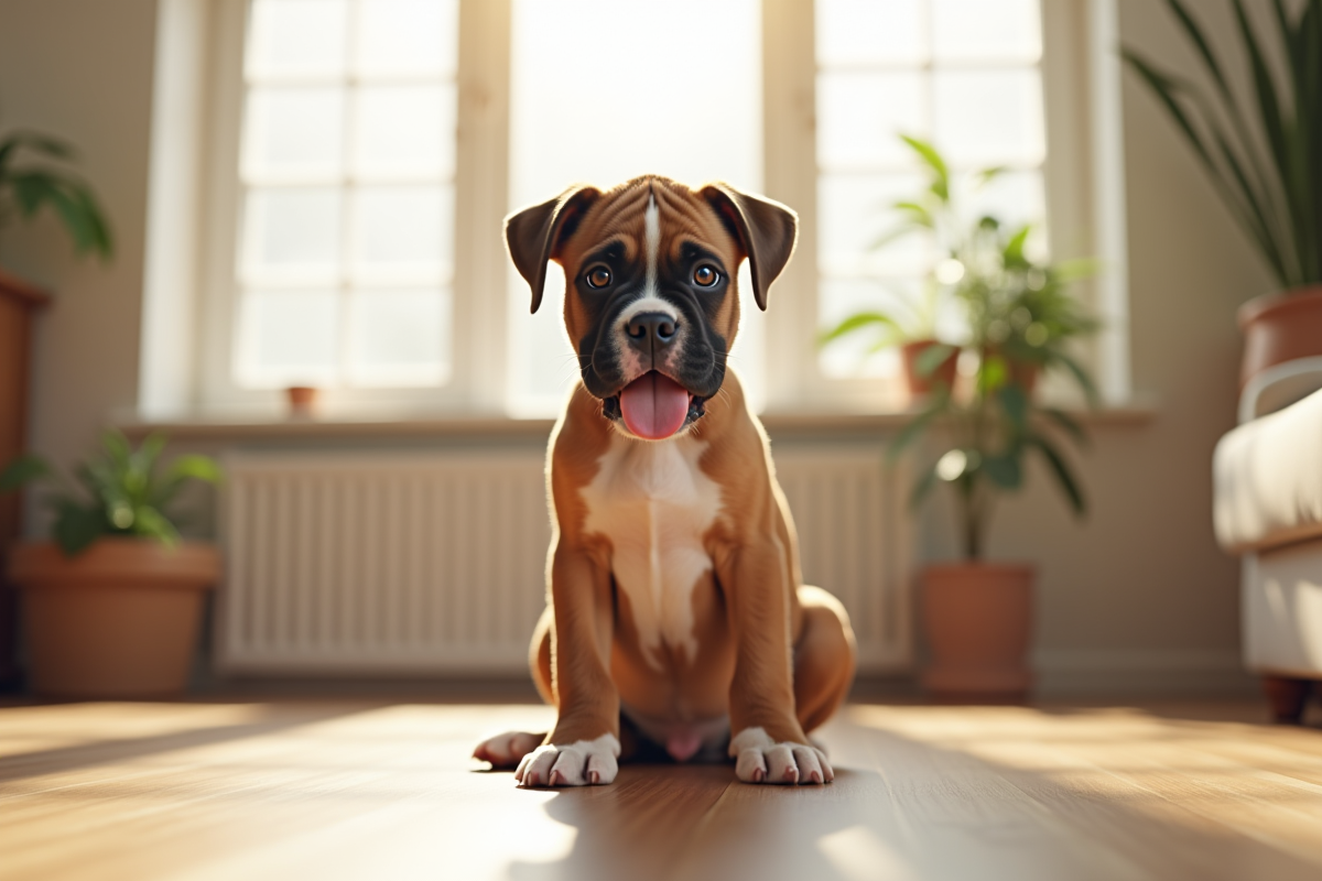 Chiot boxer assis attentivement dans un salon lumineux