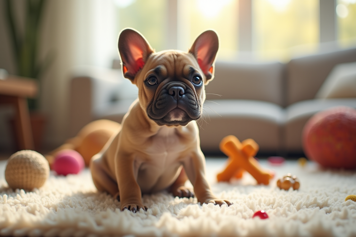 Chiot bulldog français assis sur un tapis dans un salon ensoleille