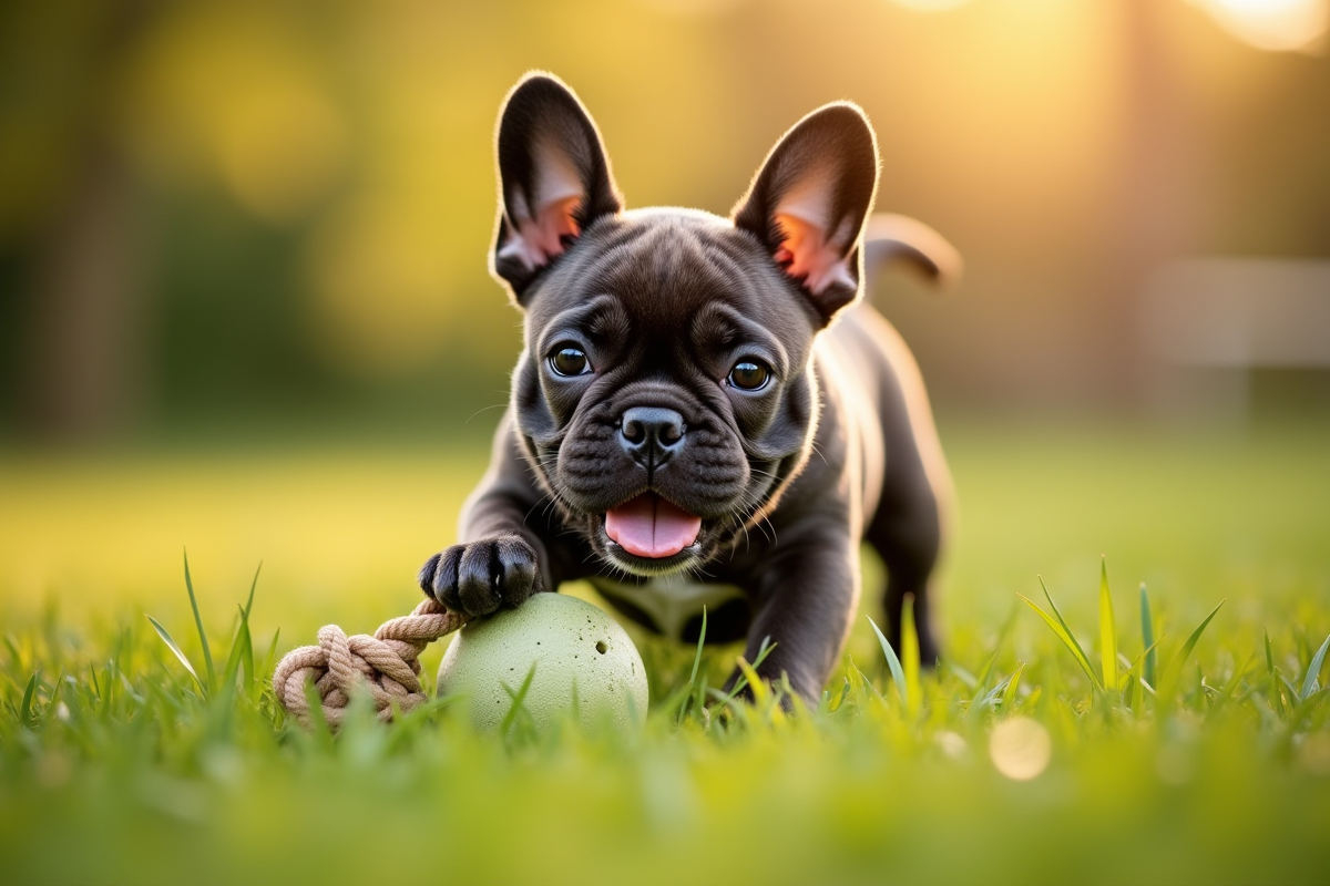 Chiot bulldog français jouant dans l