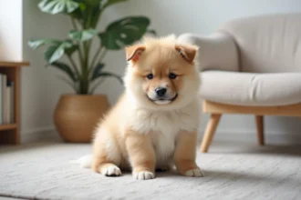 Chiot Eurasier assis sur un tapis en laine dans un appartement moderne, regard attentif et fourrure épaisse crème et fauve
