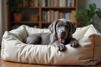 Chiot grande dane de 4 mois sur un grand lit douillet