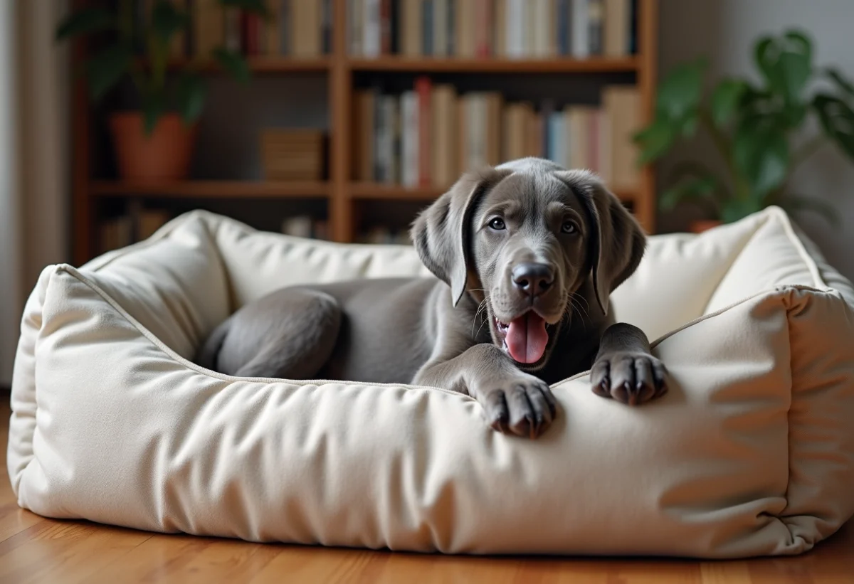 Chiot grande dane de 4 mois sur un grand lit douillet