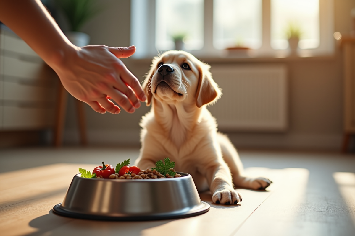 Chiot labrador assis sur le sol de cuisine regardant la main avec bol de nourriture