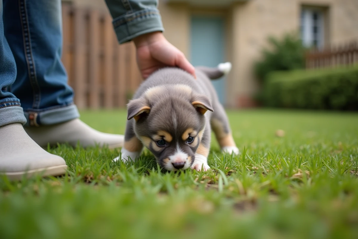 Chiot de petite taille explorant le jardin d'une maison près de Langon dans le département de la Gironde