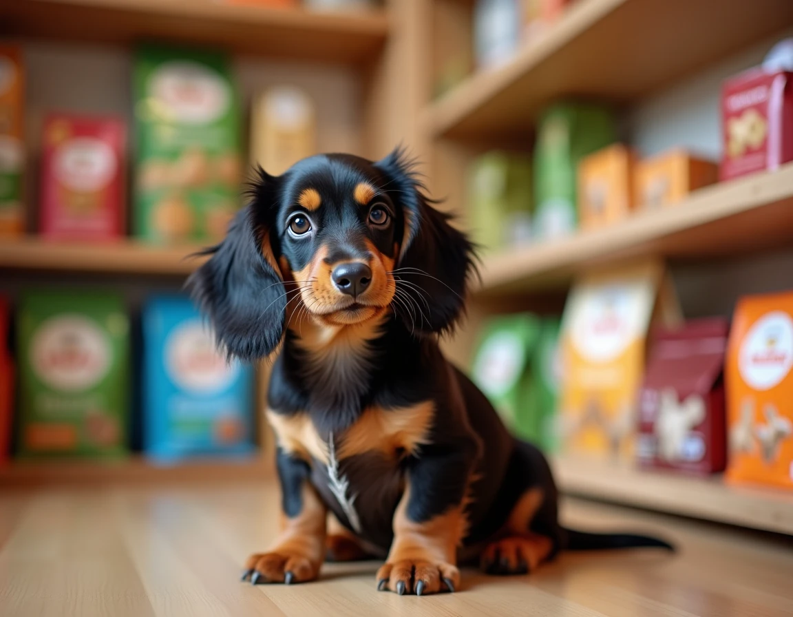 Chiot teckel arlequin poil long dans une animalerie entouré d'accessoires et de nourriture pour chiens, illustrant le budget d'achat et les dépenses quotidiennes
