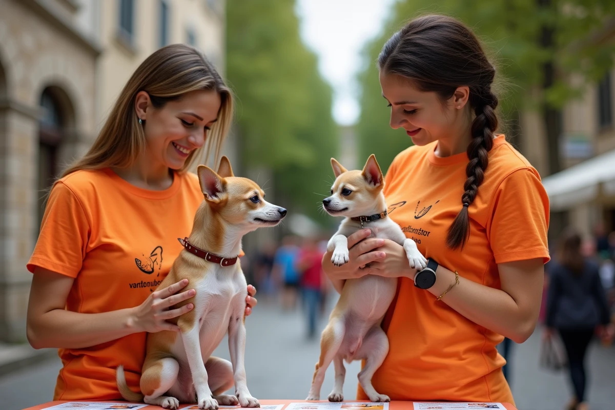 Comparaison entre un chiot et un chien adulte de petite taille présentés lors d'une foire d'adoption gratuite près de Langon
