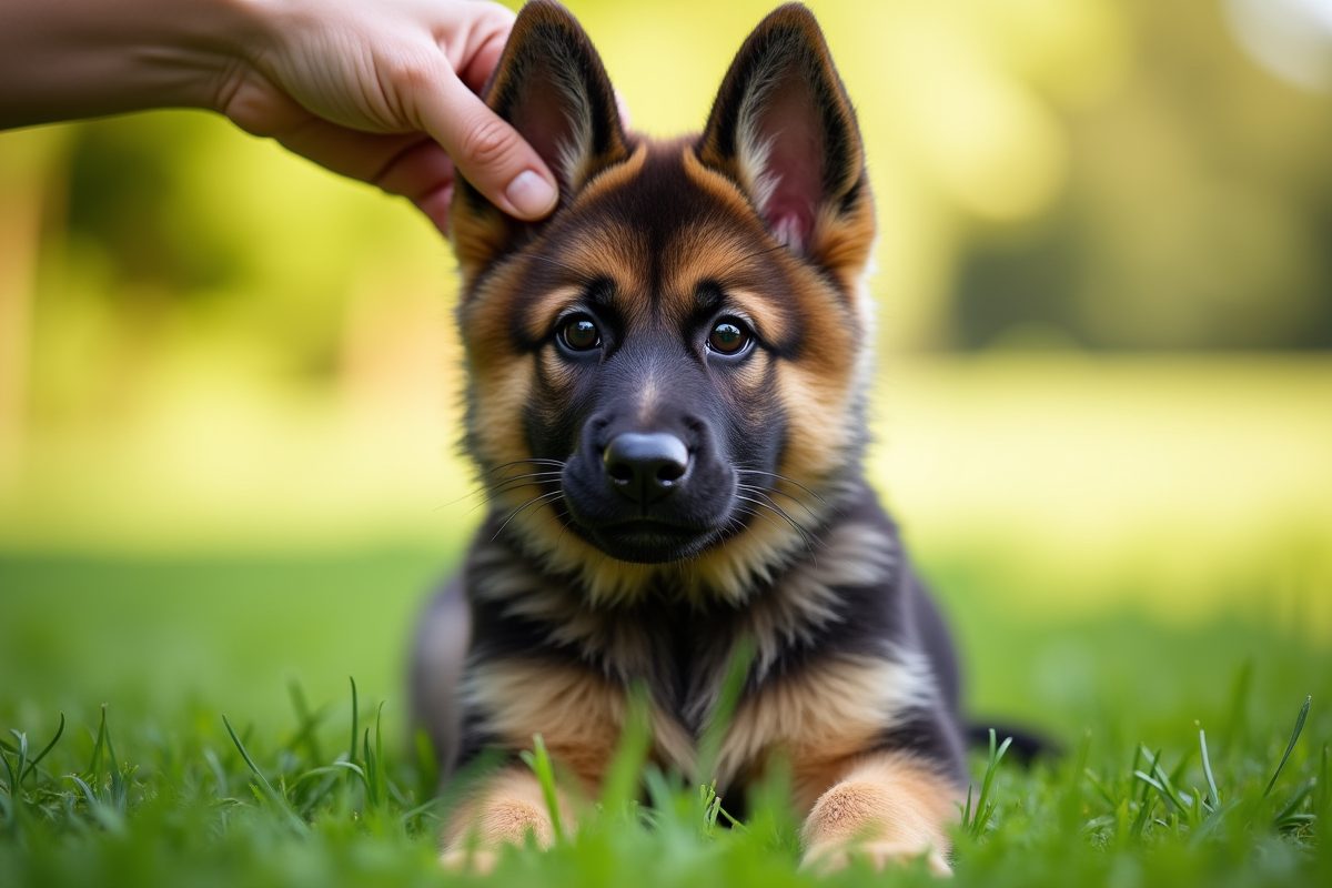 Chiot berger allemand sur pelouse verte en plein jour