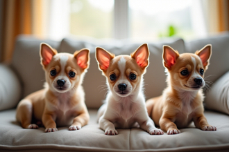 Petits chiots chihuahua assis sur un canapé lumineux
