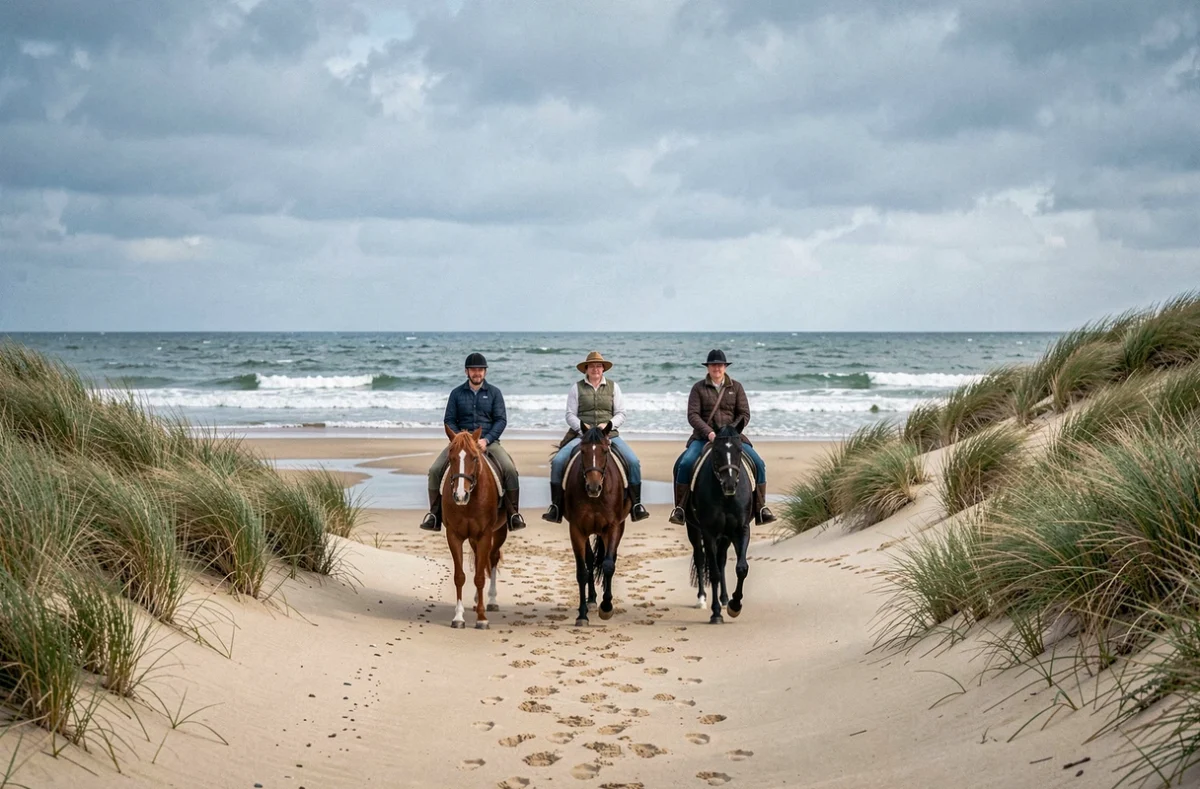 Trois cavaliers en tenue décontractée chevauchant en groupe sur la plage près de Saint-Jean-de-Monts au Club Hippique Havre de Vie