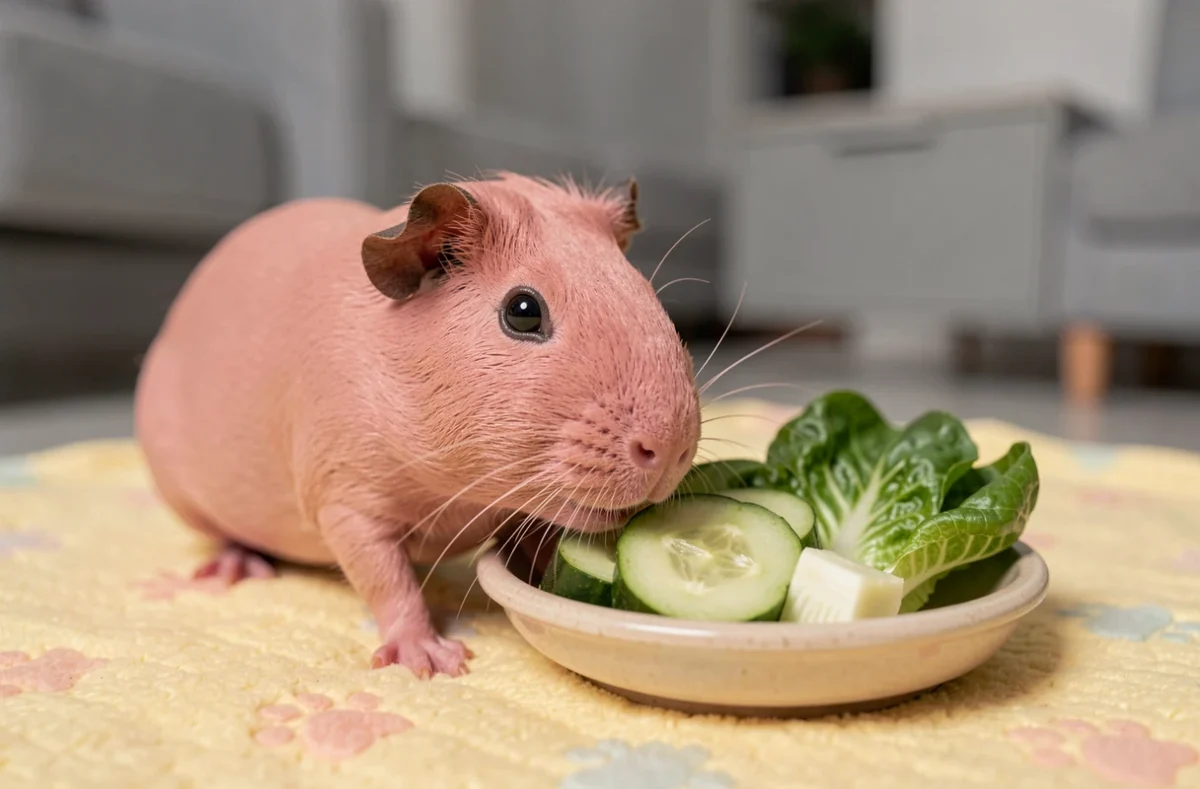 Portrait rapproché d'un cochon d'Inde Skinny mangeant des légumes frais dans son habitat intérieur