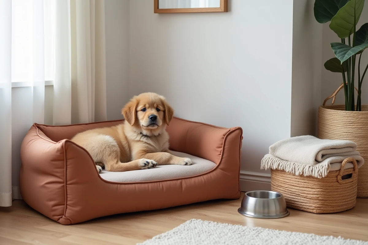 Coin bien-être aménagé pour un chiot Eurasier en appartement avec panier, gamelle et jouets dans un intérieur scandinave