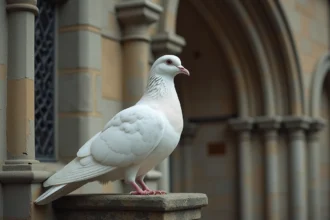 Colombe blanche perchée sur la pierre d'une cathédrale gothique, symbole de paix et de spiritualité dans les grandes religions