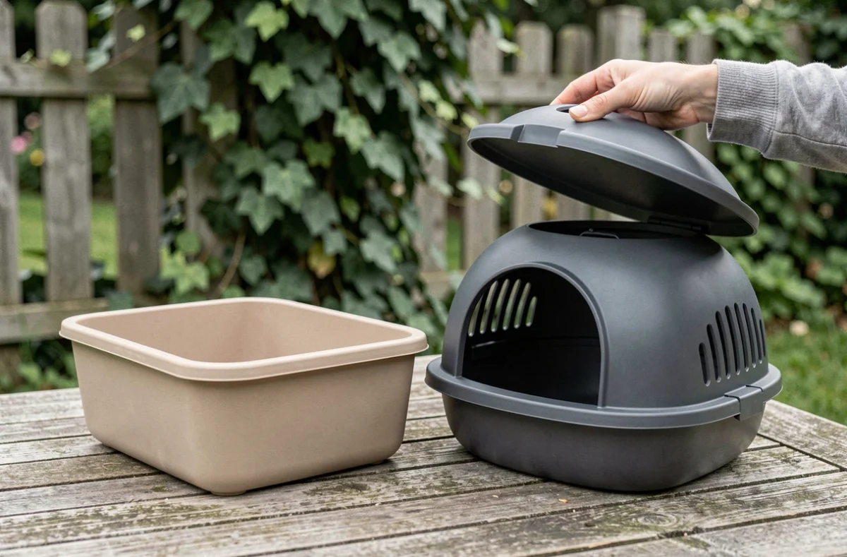 Comparaison de deux bacs à litière pas chers pour extérieur posés sur une table en bois de jardin