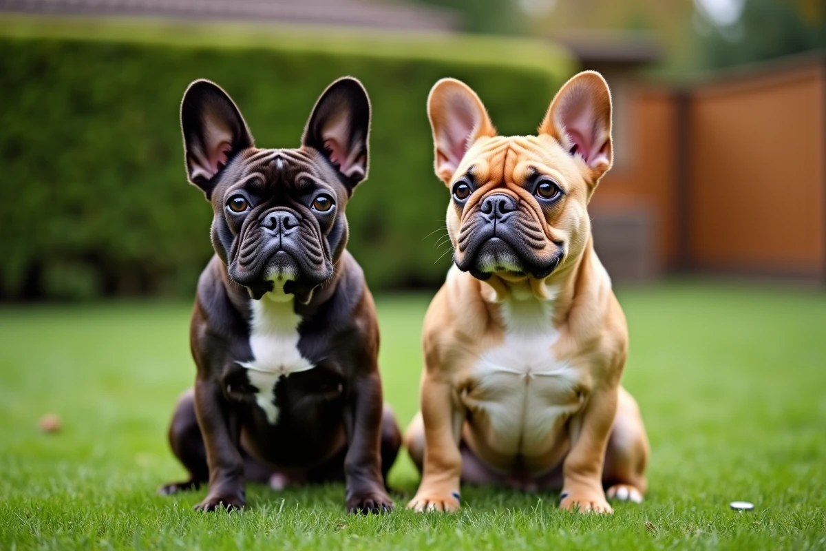 Comparaison côte à côte d'un bouledogue français standard à poil court et d'un bouledogue français à poil long dans un jardin