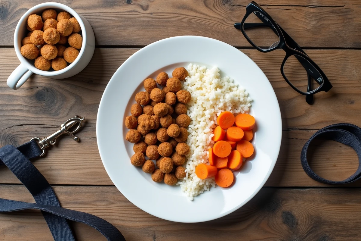 Comparaison entre croquettes ultra premium et ration ménagère maison pour chien sur table en bois