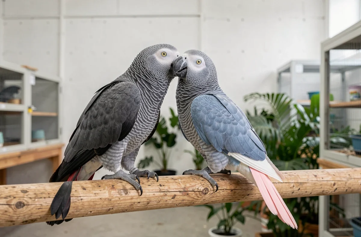 Comparaison entre un gris du Gabon classique et un gris du Gabon bleu côte à côte, illustrant les différences de mutation du plumage