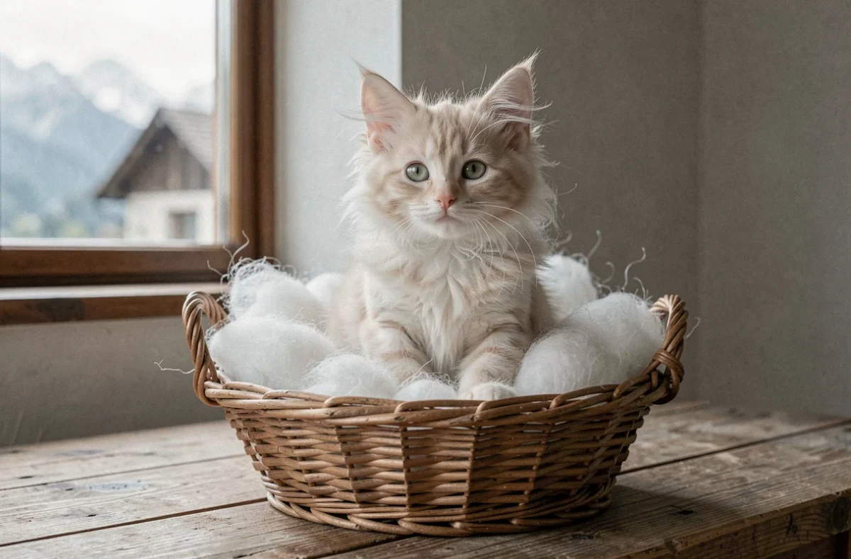 Chaton à fourrure longue crème posé dans un panier en osier rempli de laine blanche sur une table rustique, avec un paysage montagneux vosgien flou visible par une fenêtre de chalet à Orbey