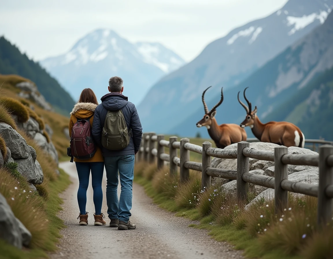 Couple observant des bouquetins alpins dans un parc animalier de Savoie lors d'une promenade en montagne