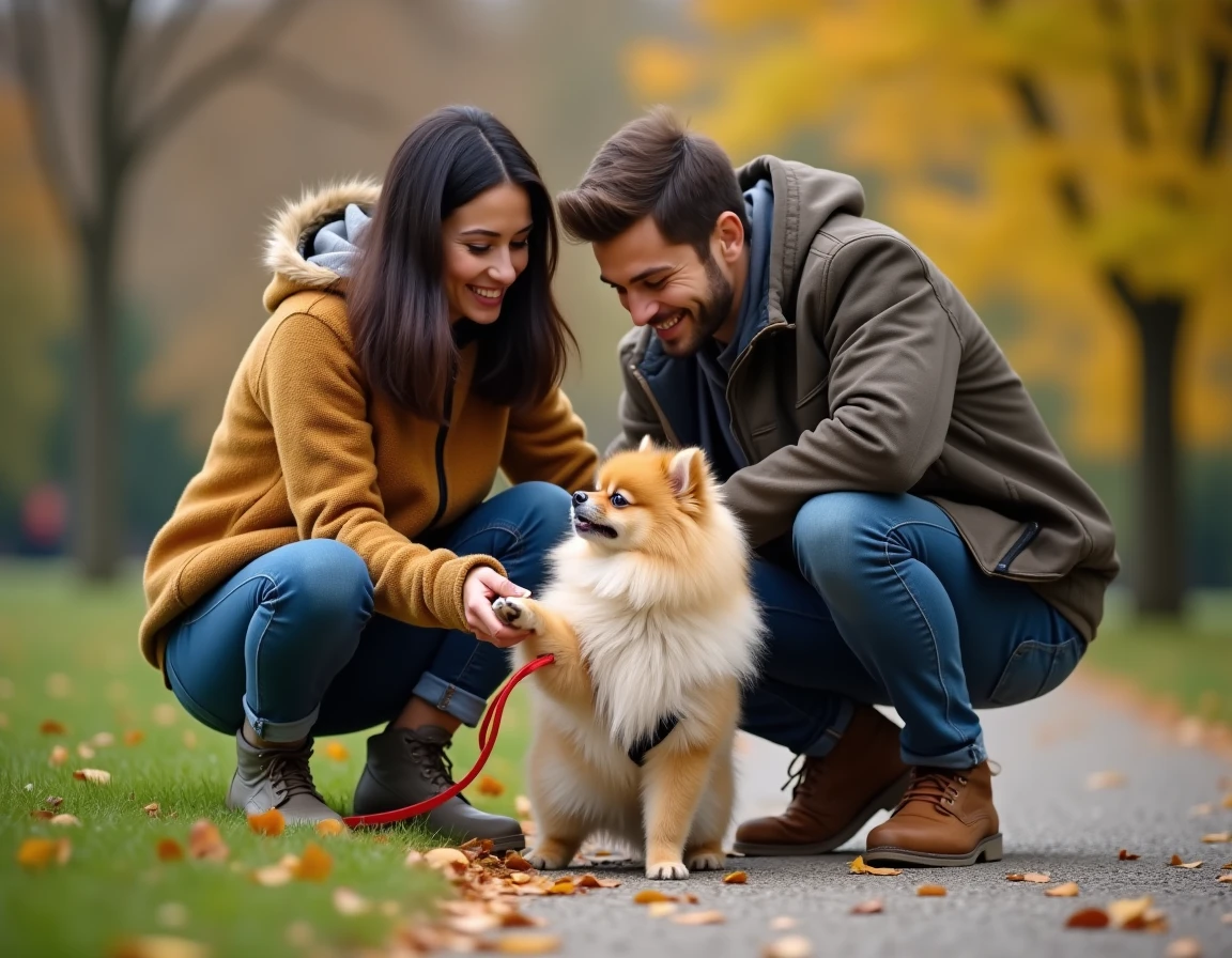 Couple en parc évaluant le comportement d'un chien Boo Poméranien avant adoption