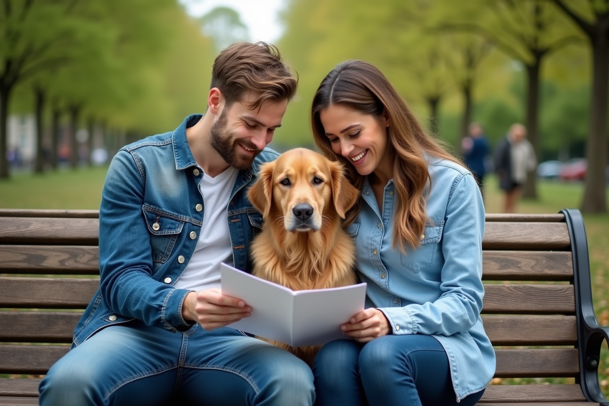 Jeune couple avec leur chien dans un parc en train de consulter une brochure d