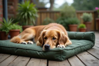 Grand golden retriever allongé sur un coussin imperméable indestructible en nylon vert sur une terrasse en bois extérieure