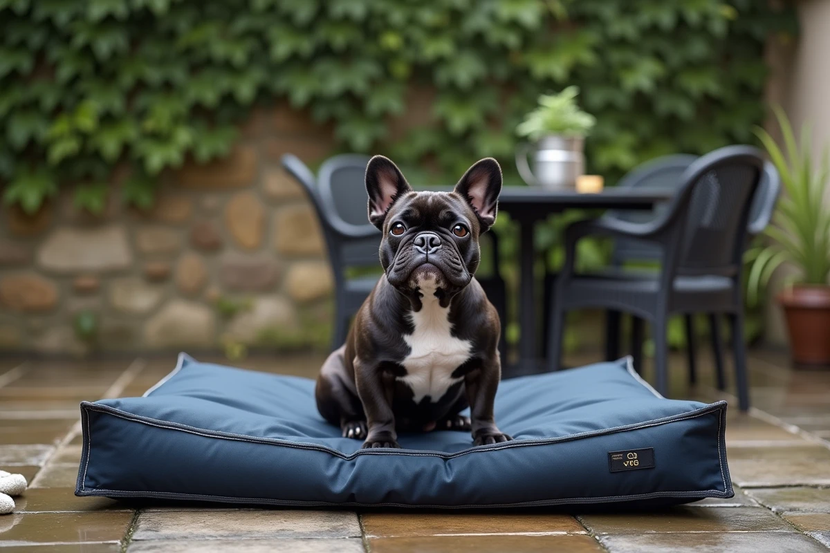 Bouledogue français assis sur un coussin chien bleu marine imperméable et indestructible sur une terrasse en pierre mouillée