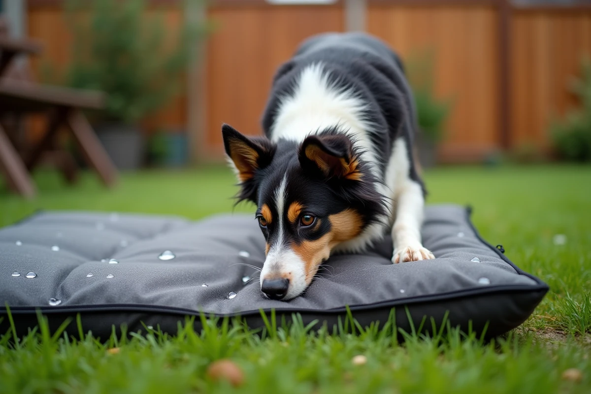 Coussin chien imperméable résistant en polyester gris avec perles d'eau sur herbe mouillée dans un jardin