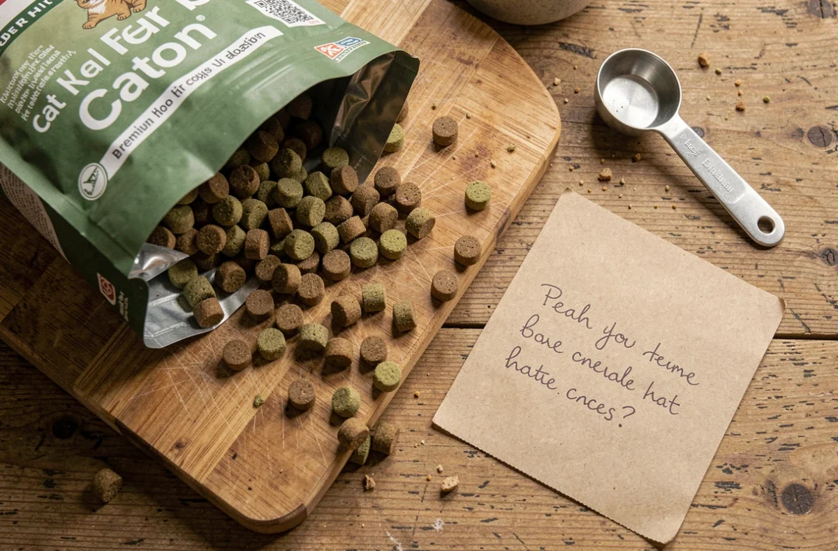Vue de dessus de croquettes pour chat adolescent avec sac d'alimentation et doseur sur plan de travail en bois