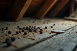 Crottes de fouine sur le plancher d'un grenier en bois, identifiées pour un nettoyage efficace