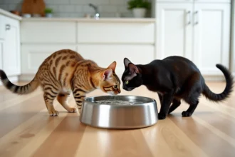 Deux chats buvant ensemble à une fontaine à eau en acier inoxydable dans une cuisine moderne
