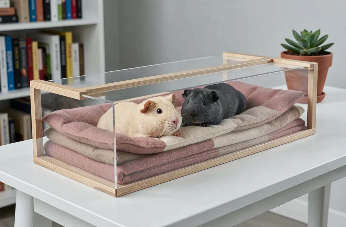 Deux cochons d'Inde Skinny se reposant ensemble dans un enclos intérieur douillet avec paroi en acrylique