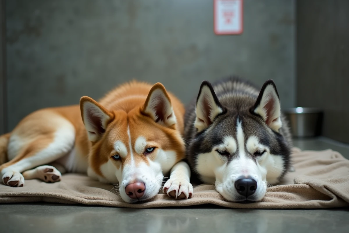 Deux huskies sibériens au repos dans un espace intérieur de refuge animalier, attendant une famille adoptante