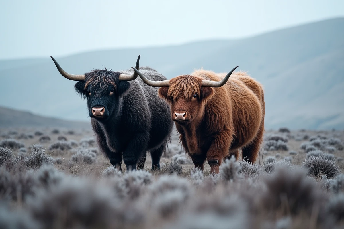 Deux vaches Highland fluffies au pelage épais noir et brun paissant dans un paysage de lande gelée en hiver