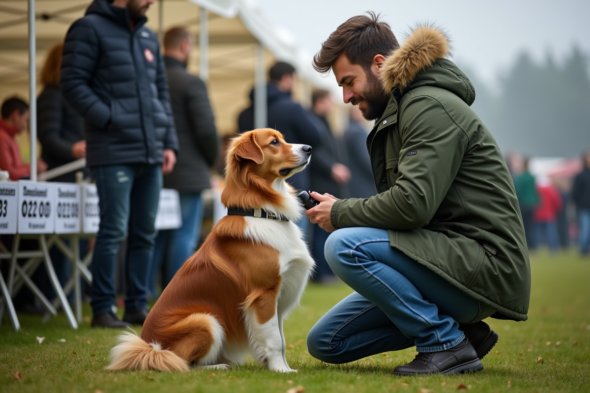 Jeune homme scannant microchip de son chien lors d’un concours