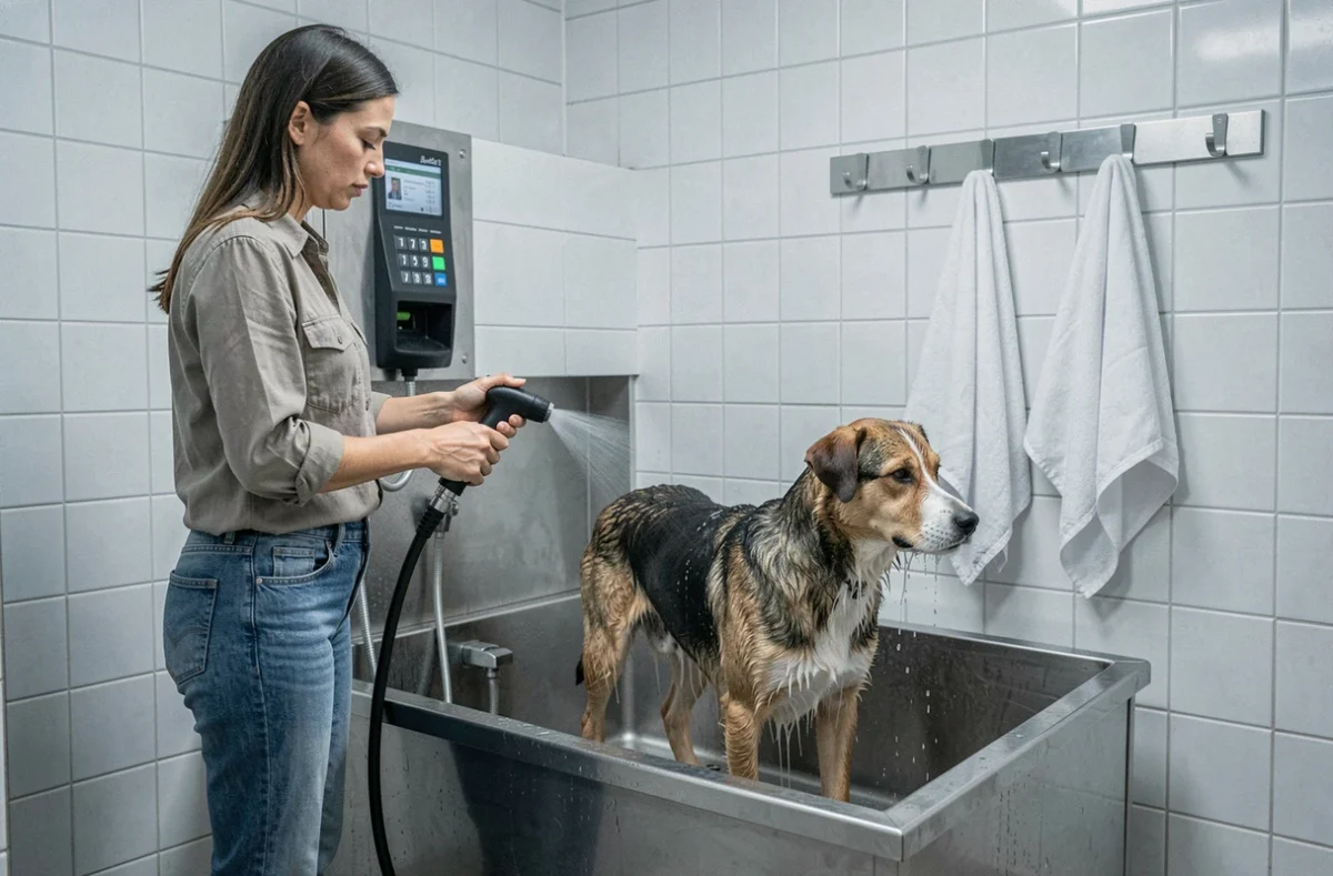 Dog Wash Toul, station de lavage libre-service pour chien avec propriétaire rinçant son animal