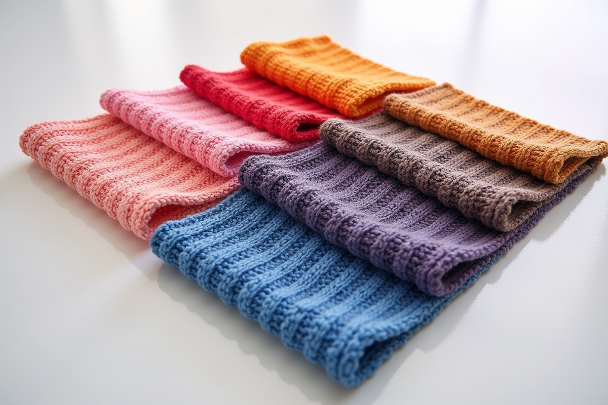 Echantillons de tissu en chenille colorés sur surface blanche
