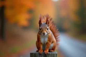 Écureuil roux perché sur un poteau en bois au bord d'une route de campagne en automne, regardant l'objectif