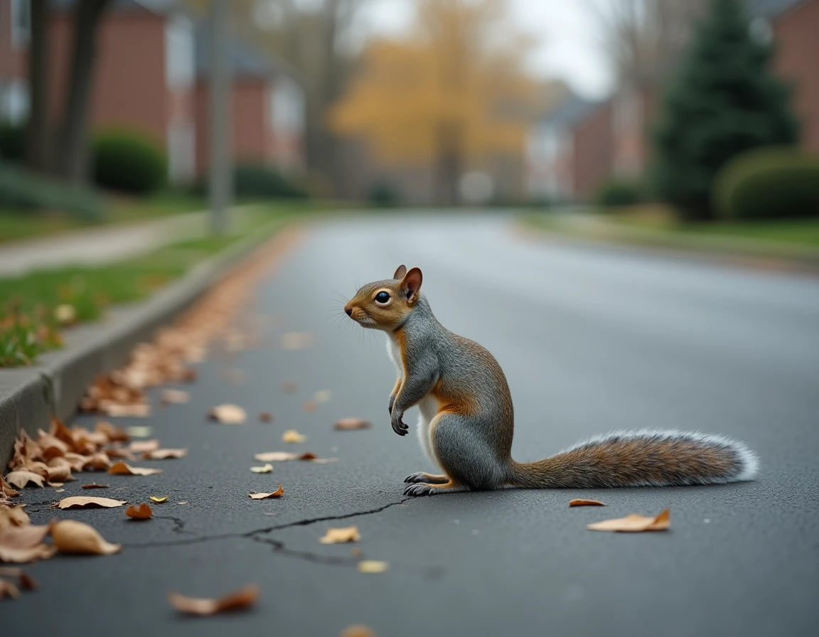 Écureuil gris immobile au milieu d'une rue résidentielle pavée entourée de feuilles mortes