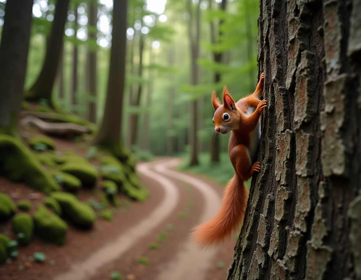Écureuil roux agrippé à un tronc de chêne en bordure d'un chemin forestier, regard tourné vers la route