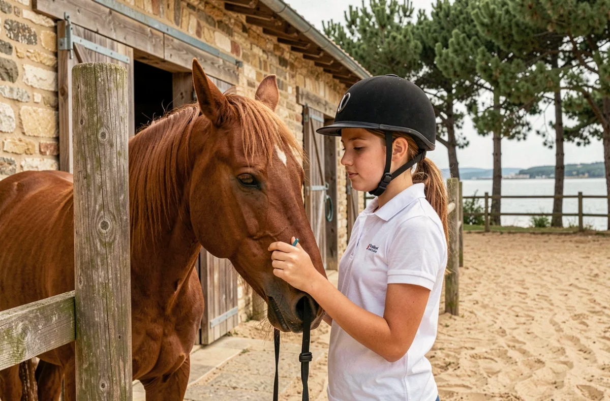 Une adolescente en polo blanc pansant un cheval alezan devant les écuries en pierre des Écuries de Saint-Brévin