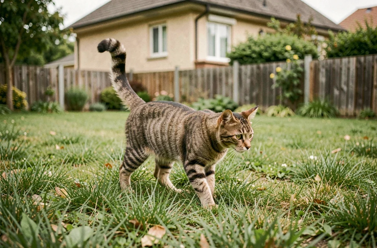 Chat tabby mackerel explorant un jardin verdoyant à Tomblaine en Meurthe-et-Moselle, queue levée et robe rayée bien détaillée, maison résidentielle en arrière-plan