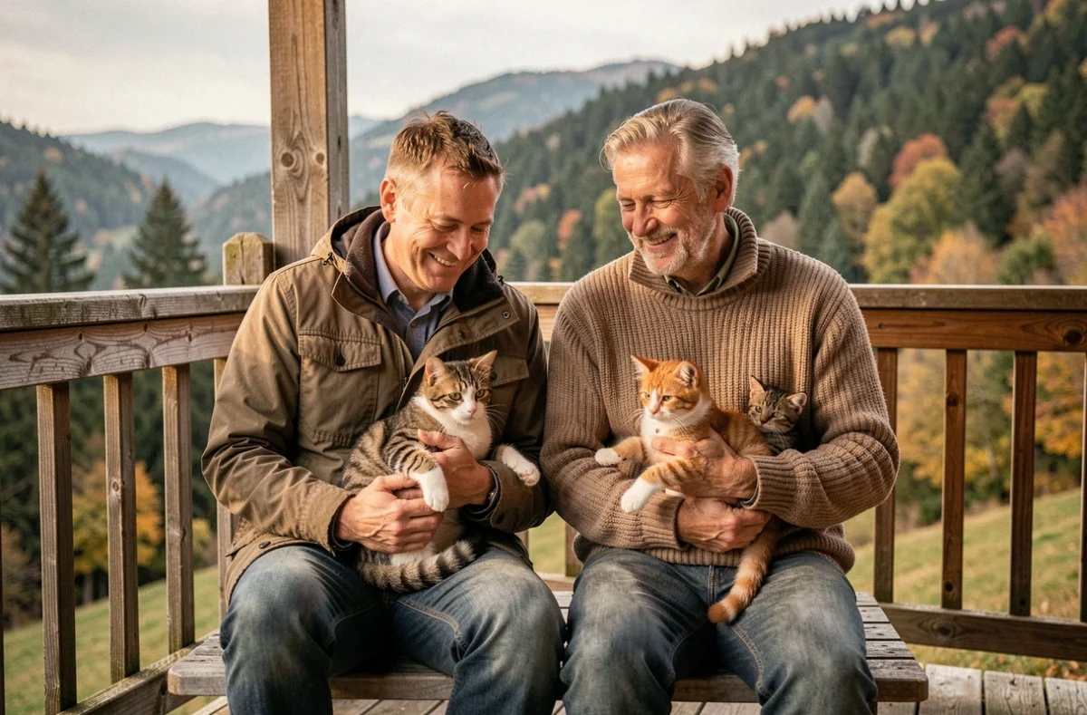 Couple d'éleveurs familiaux tenant des chatons sur un porche en bois avec les collines boisées des Vosges mosellanes en arrière-plan flou, cadre naturel de Philippsbourg
