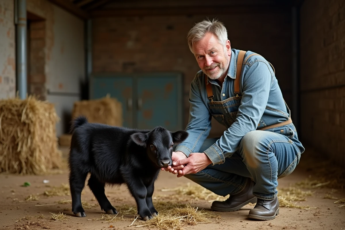 Éleveur passionné inspectant sa mini vache Galloway dans une étable rustique